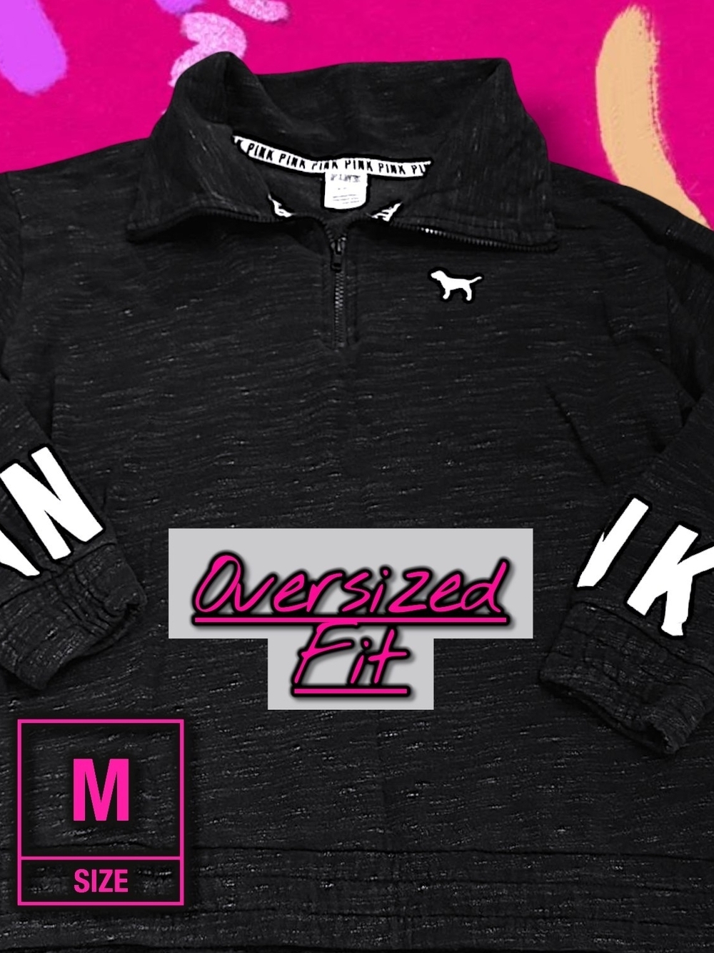 Victoria's Secret PINK Quarter Zip  Cowl Neck Heather Black Pullover Size Medium